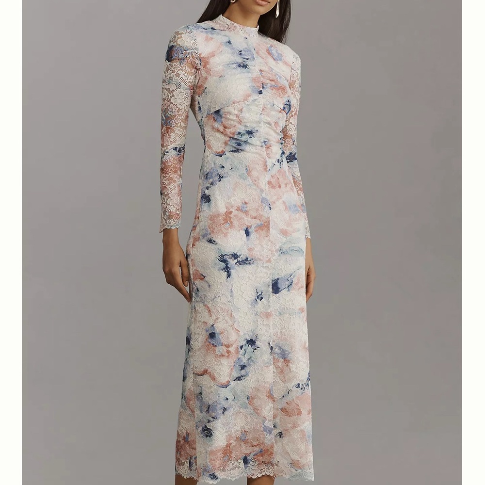 White and Cream Long Sleeve Sheath Dress with Mock Neck